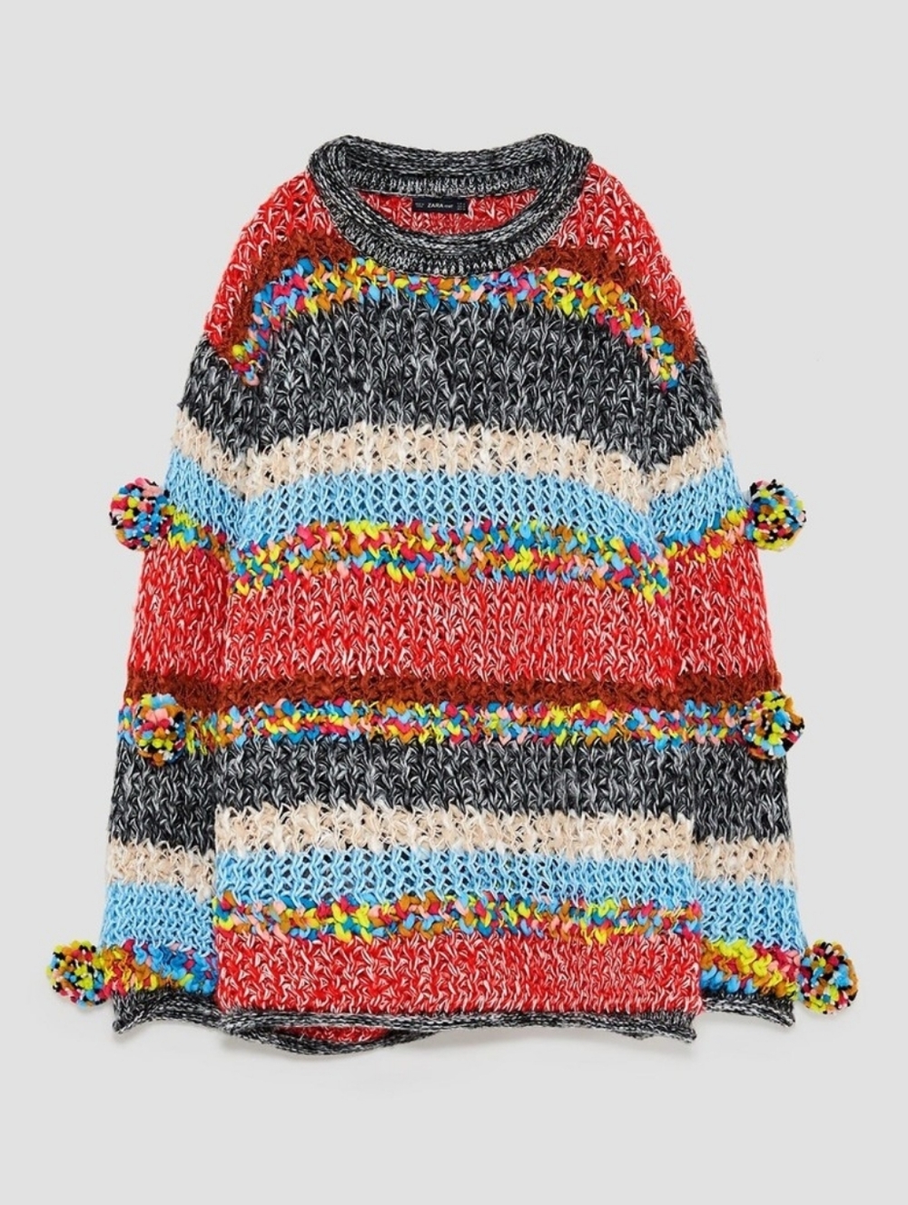 Zara Multicolor Rainbow PomPom Striped Open Heavy Knit Mock Neck Wool Sweater